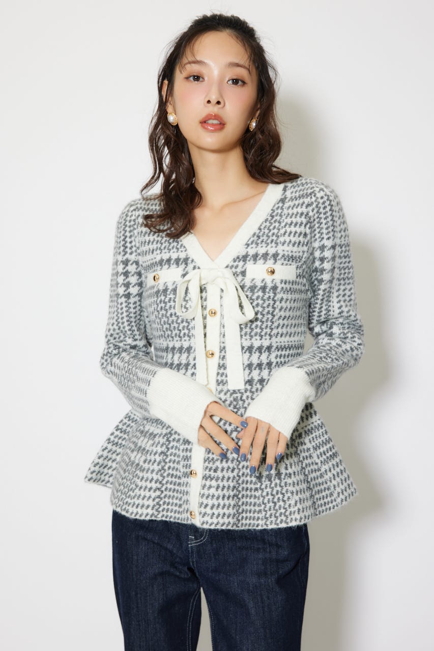 2WAYペプラムジャガードニットカーディガントップス 柄BLK FREE