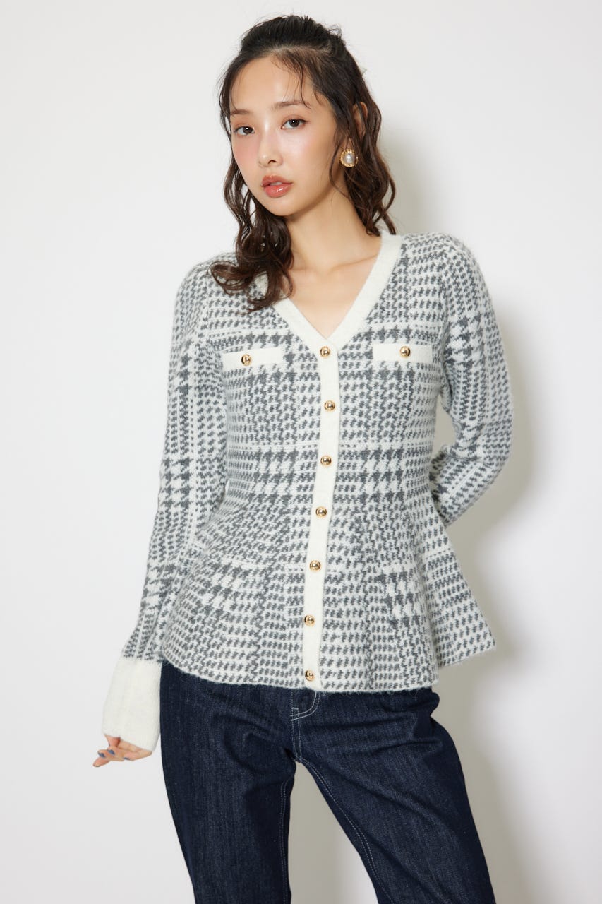 2WAYペプラムジャガードニットカーディガントップス 柄BLK FREE