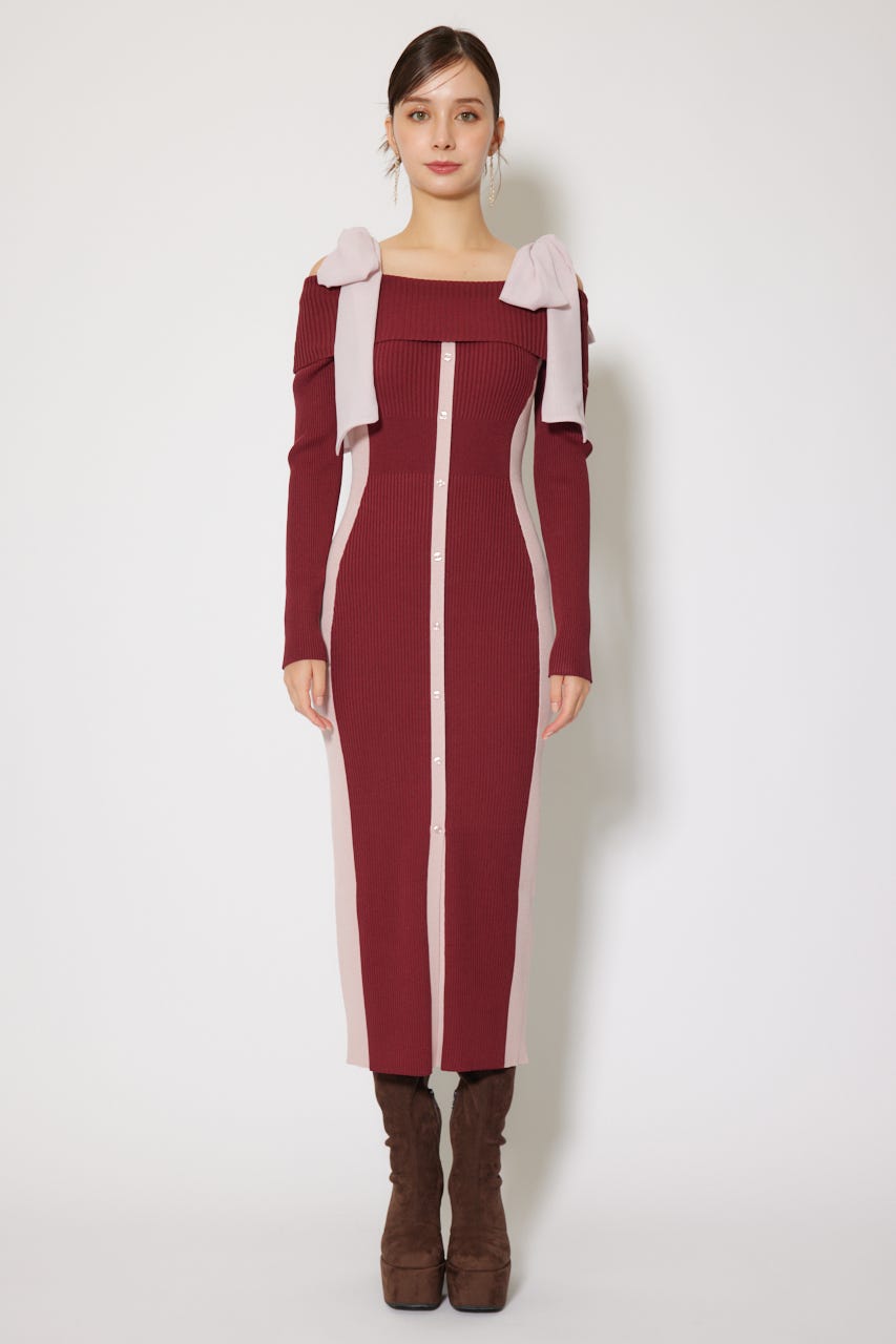 rienda | バイカラーオフショルリボンニットワンピース