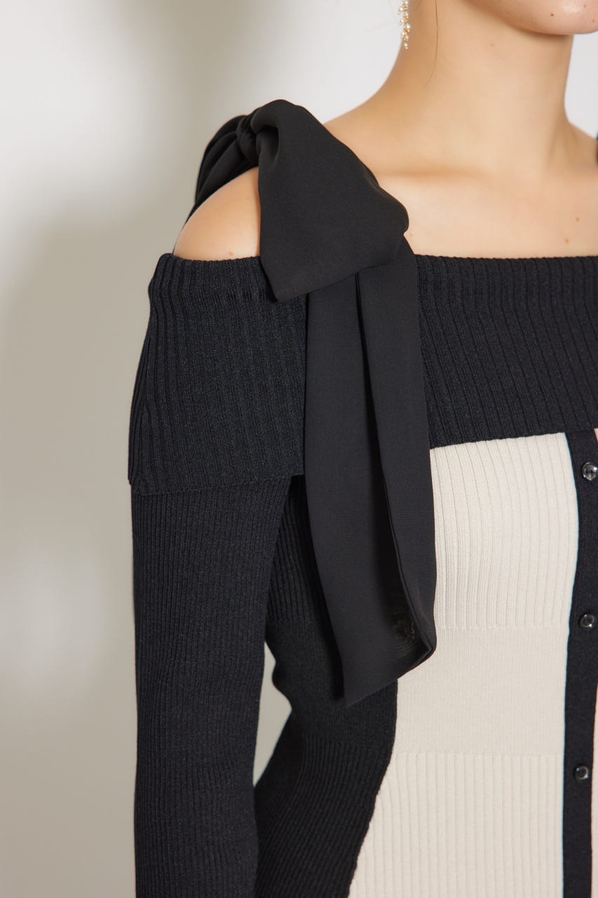 バイカラーオフショルリボンニットミニワンピース BEG FREE