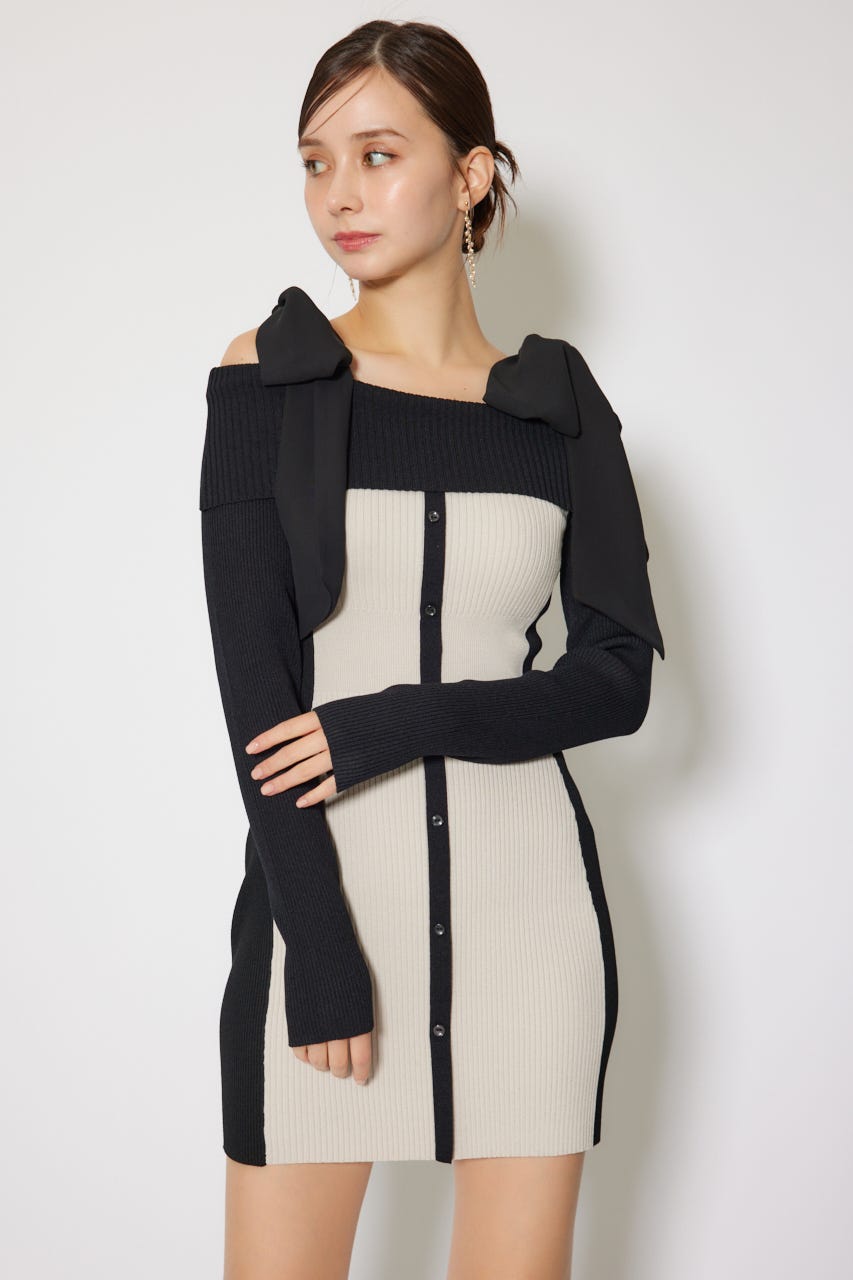 バイカラーオフショルリボンニットミニワンピース BEG FREE