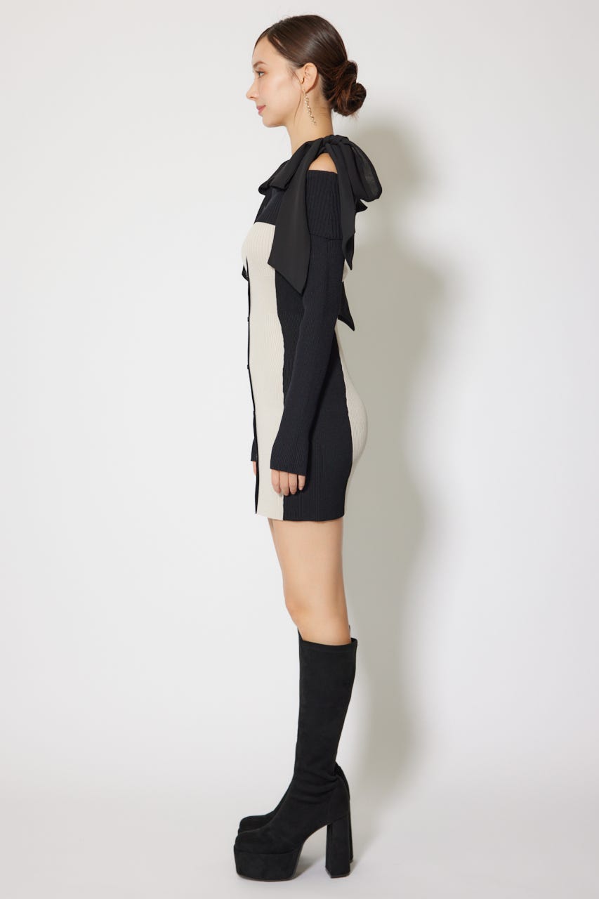 バイカラーオフショルリボンニットミニワンピース BEG FREE