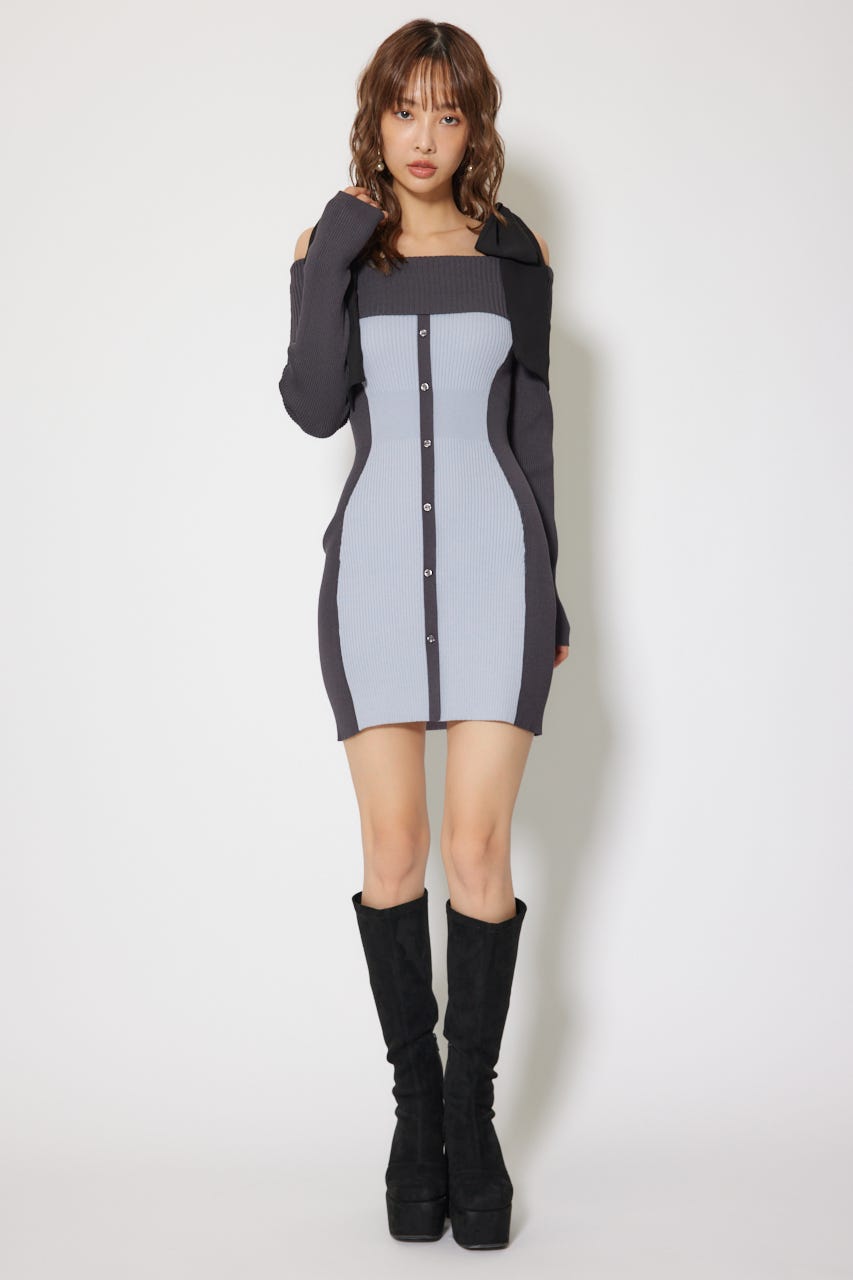 バイカラーオフショルリボンニットミニワンピース BLU FREE