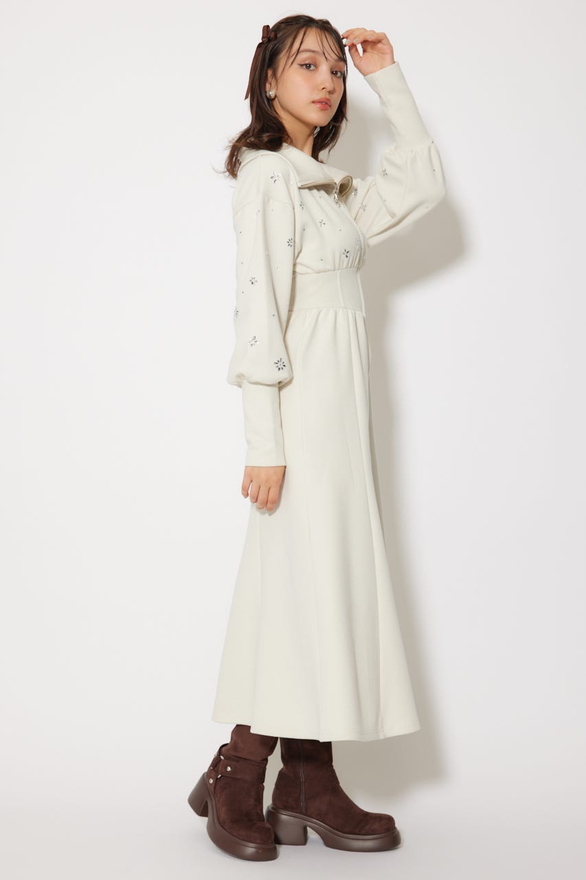 Lear Getter ♡ トッピングアイスシフォンワンピース Lace Ladies ドレス ギャザーシェイプロングシフォンワンピース