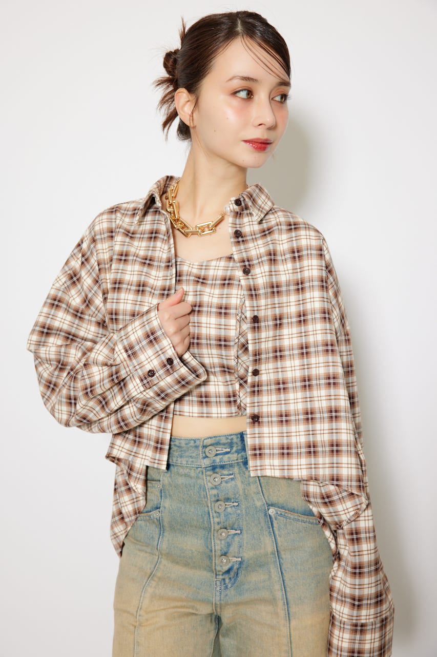 フロントショートチェックシャツ BEG FREE