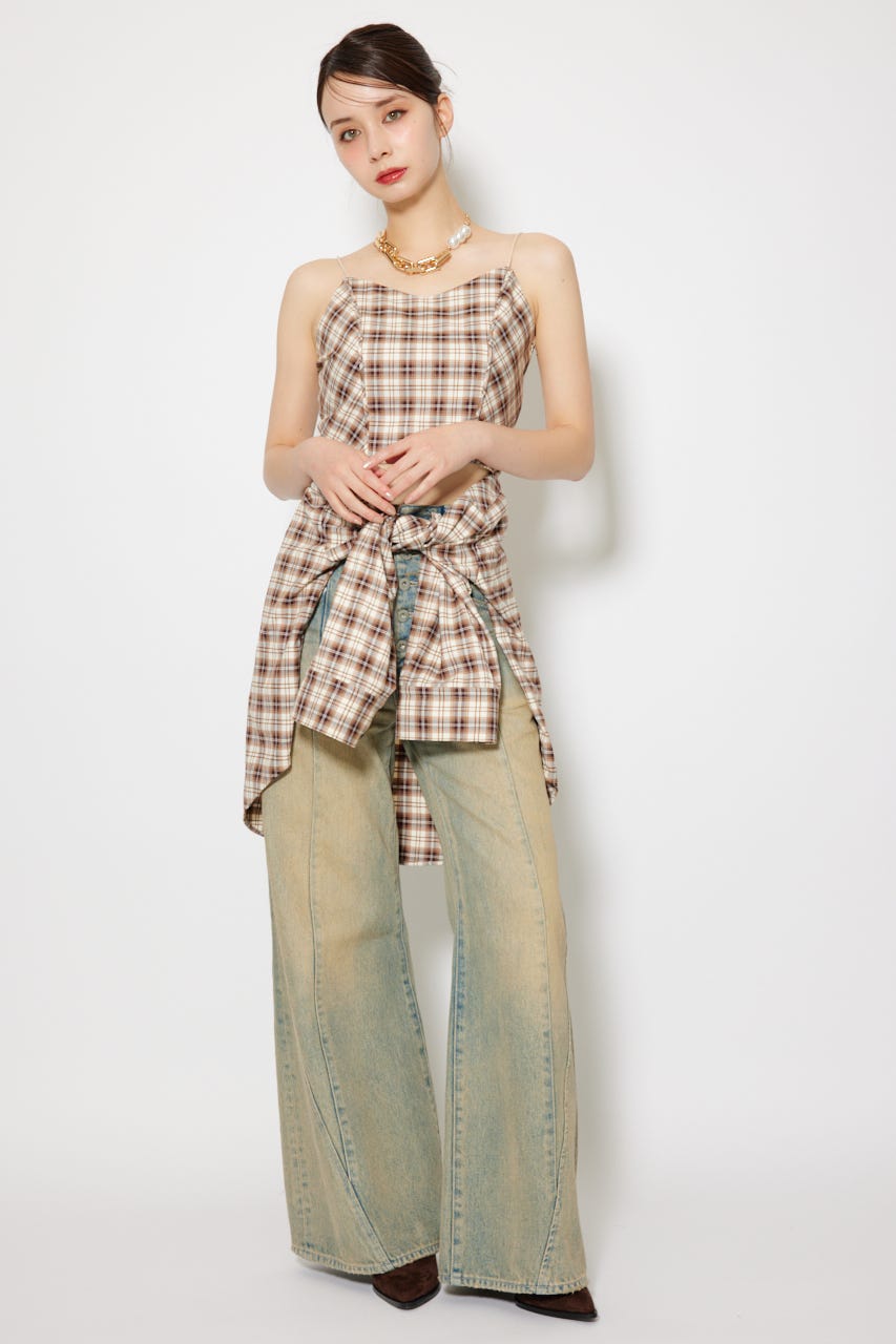 フロントショートチェックシャツ BEG FREE