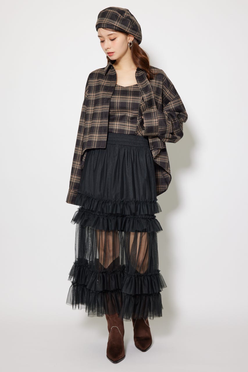 フロントショートチェックシャツ BLK FREE