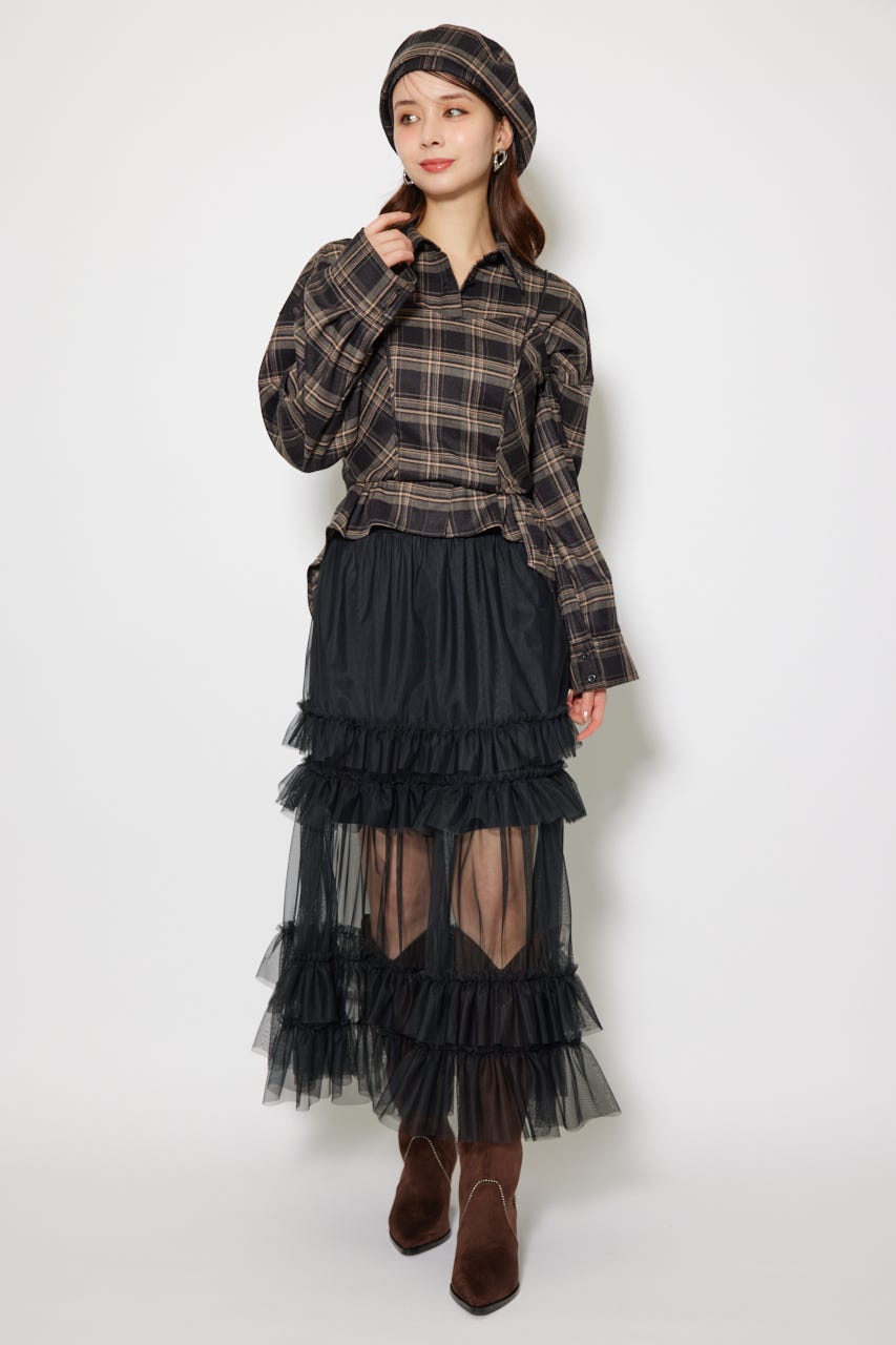 フロントショートチェックシャツ BLK FREE