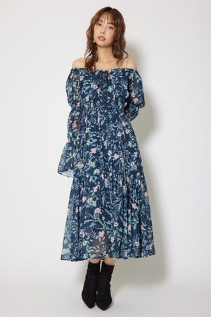 レースアップフラワーパターンフレアワンピース