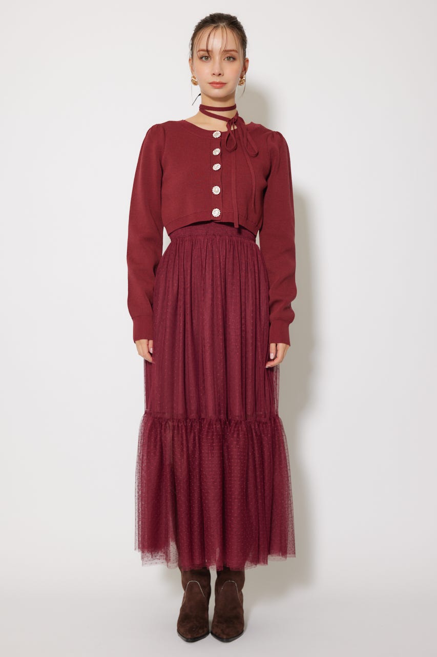 rirenda リレンダ フリルカーディガン付きワンピース 薄ピンク 新品未使用 rienda | ニットカーディガンセットドットチュールフレア