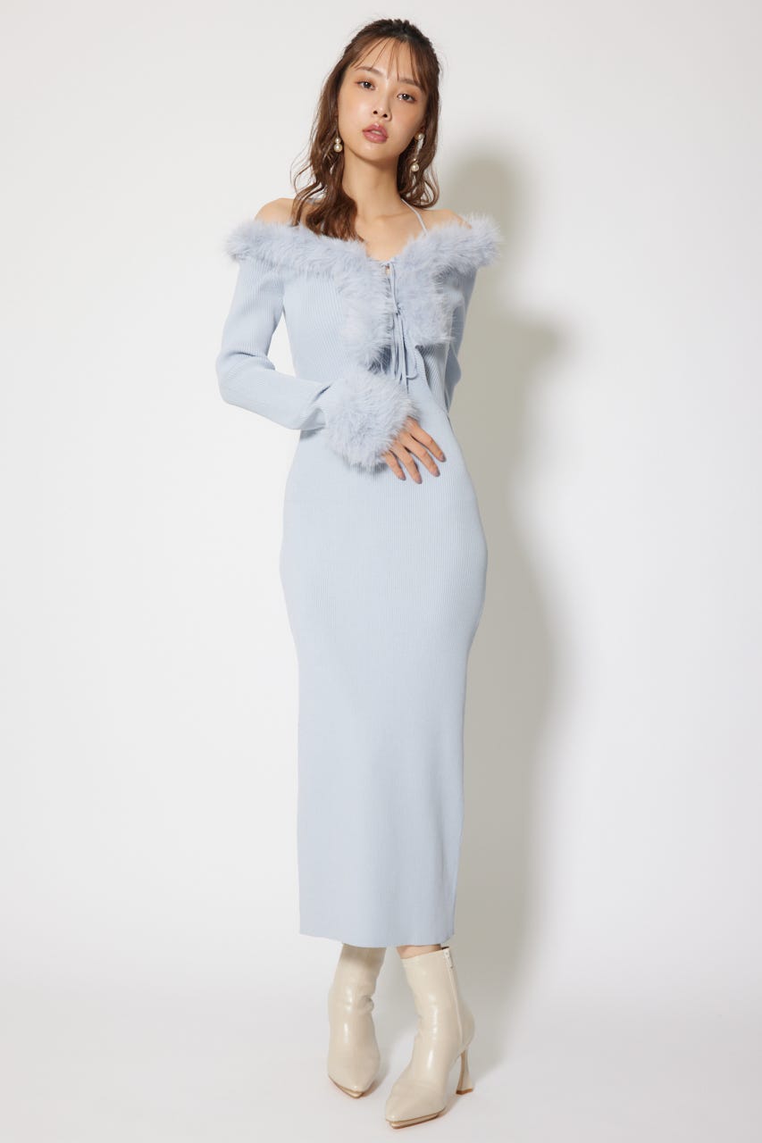 フェイクファーレディーニットワンピース L/BLU FREE