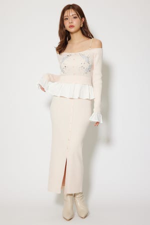 2WAYビジューフラワーオフショルタイトニットワンピース