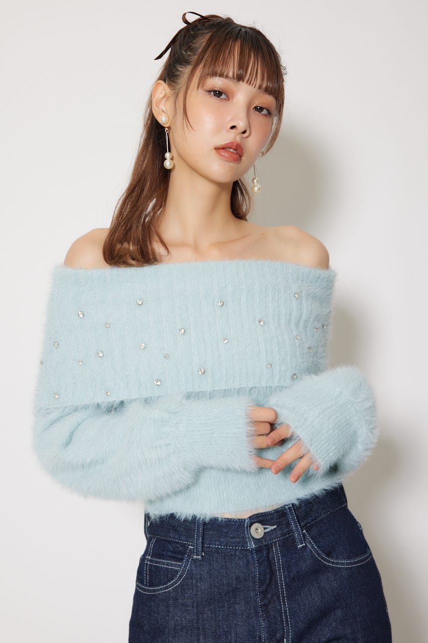 rienda | オフショルビジューシャギーニットトップス (ニット