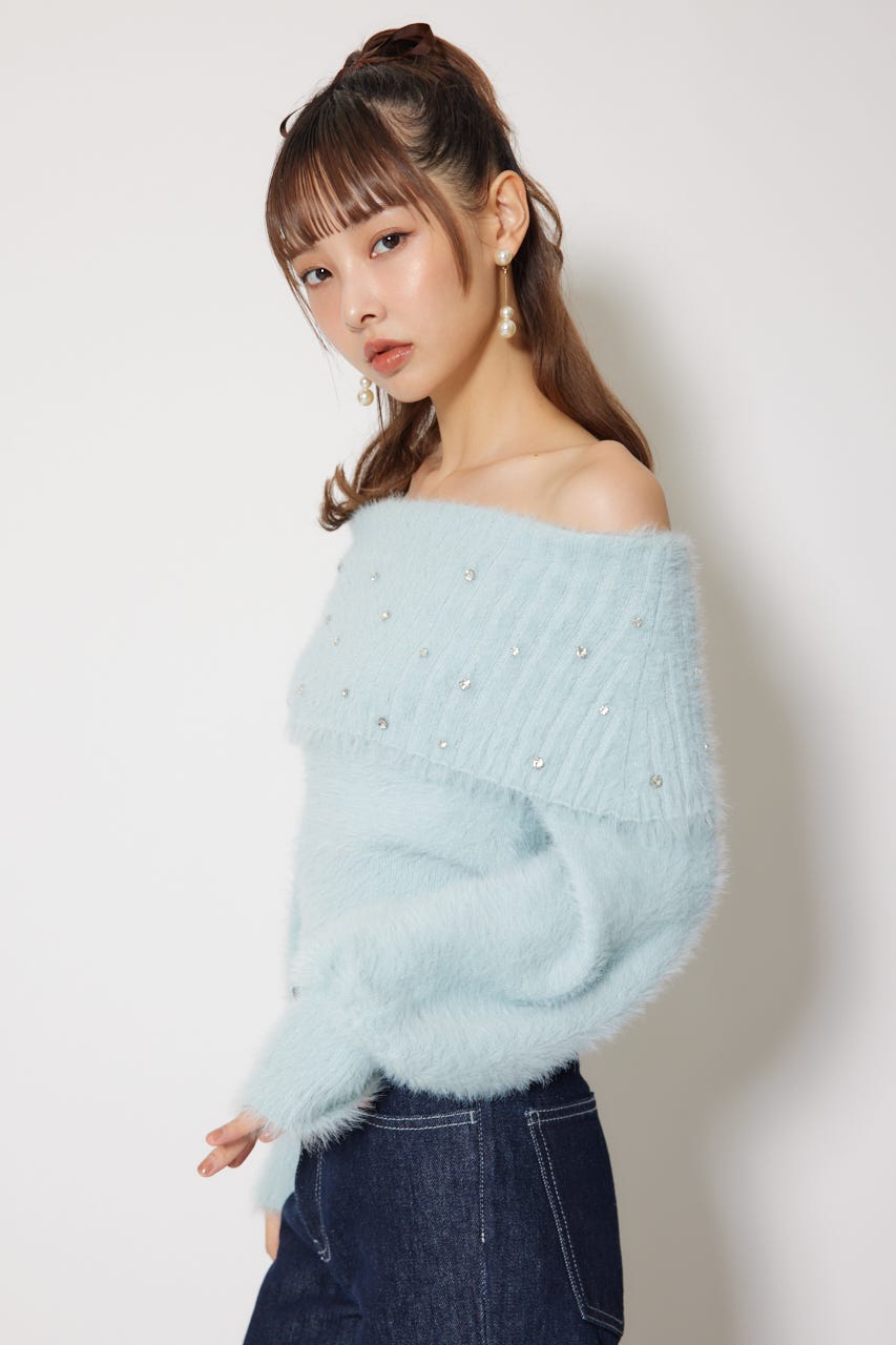 rienda | オフショルビジューシャギーニットトップス (ニット