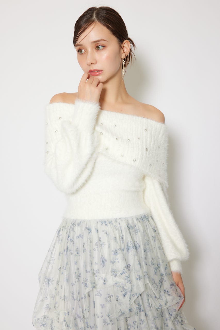 rienda | オフショルビジューシャギーニットトップス (ニット