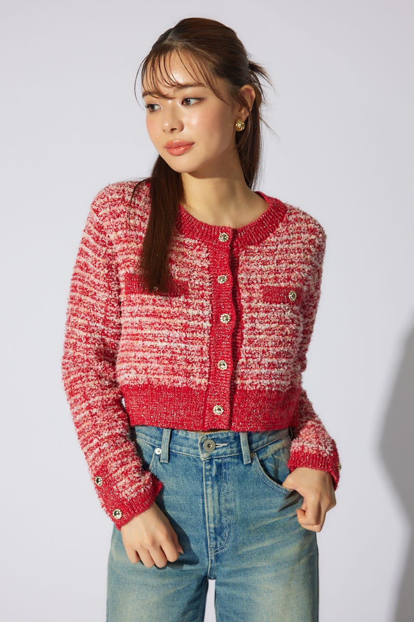 【岡崎紗絵さん着用アイテム】ツイードニットカーディガン RED FREE