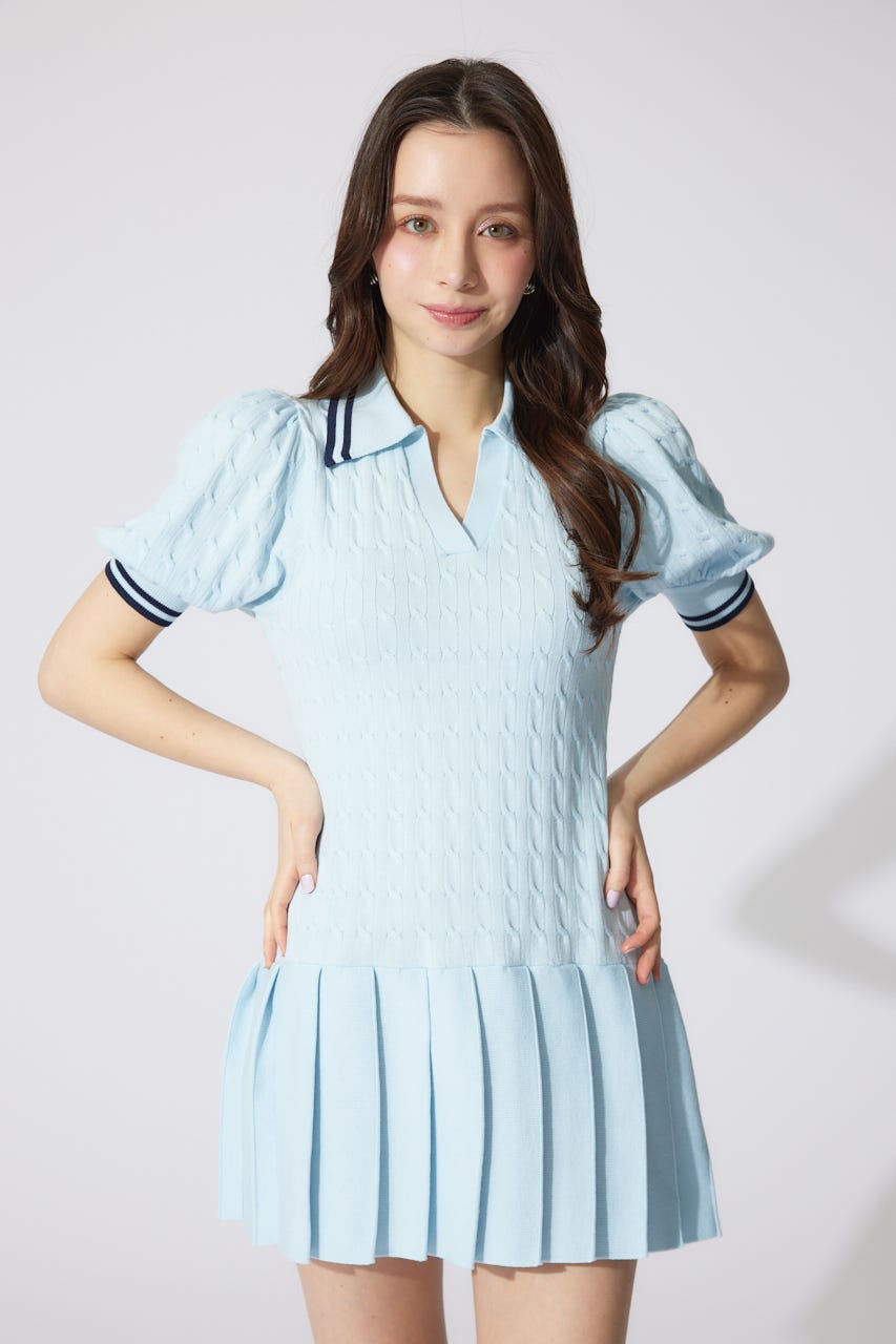スキッパーデザインニットミニワンピース L/BLU FREE