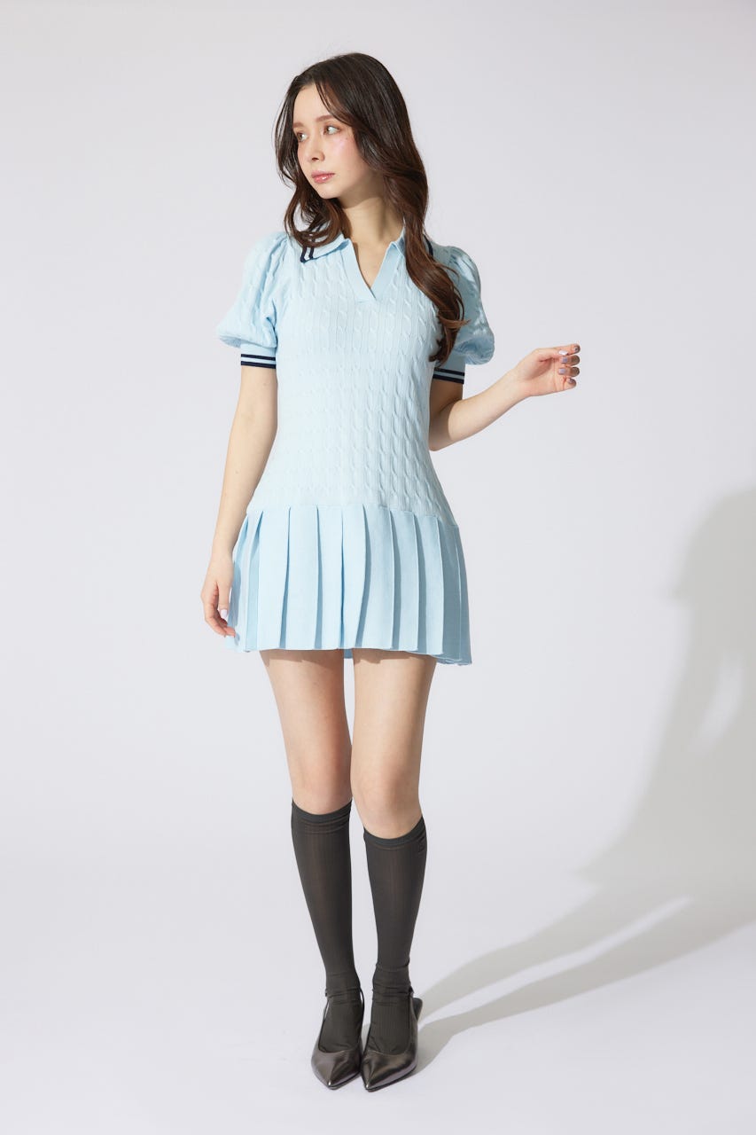 スキッパーデザインニットミニワンピース L/BLU FREE