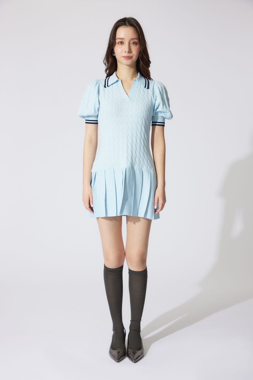 スキッパーデザインニットミニワンピース L/BLU FREE