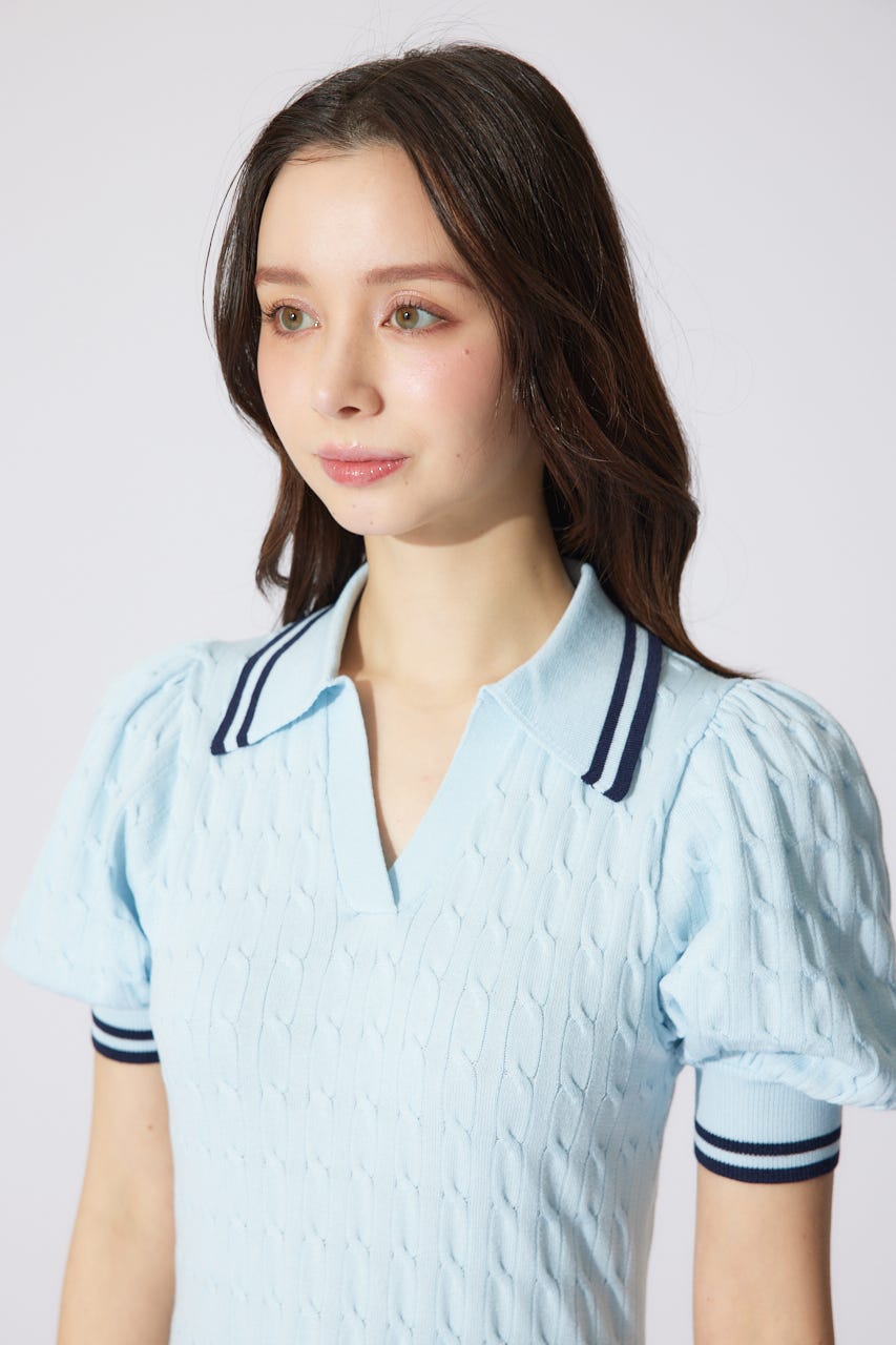 スキッパーデザインニットミニワンピース L/BLU FREE