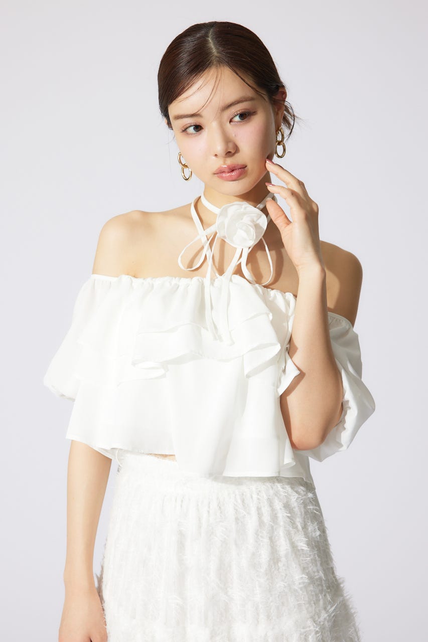 バルーンオフショルティアードブラウス WHT FREE
