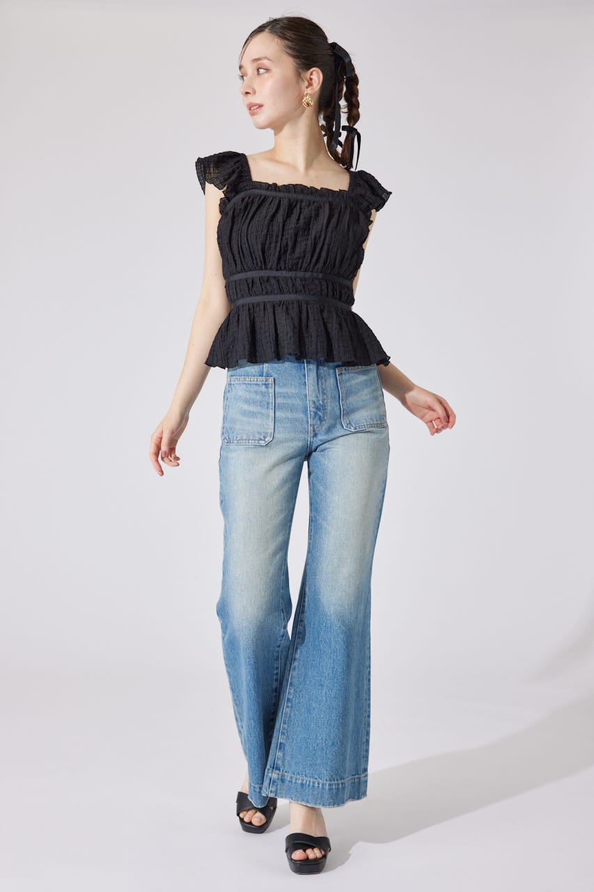 フリルギャザートップス BLK M