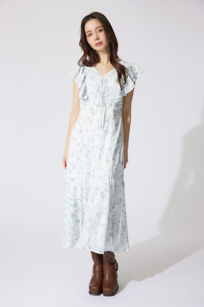 フリルフラワーロングワンピース WHT M