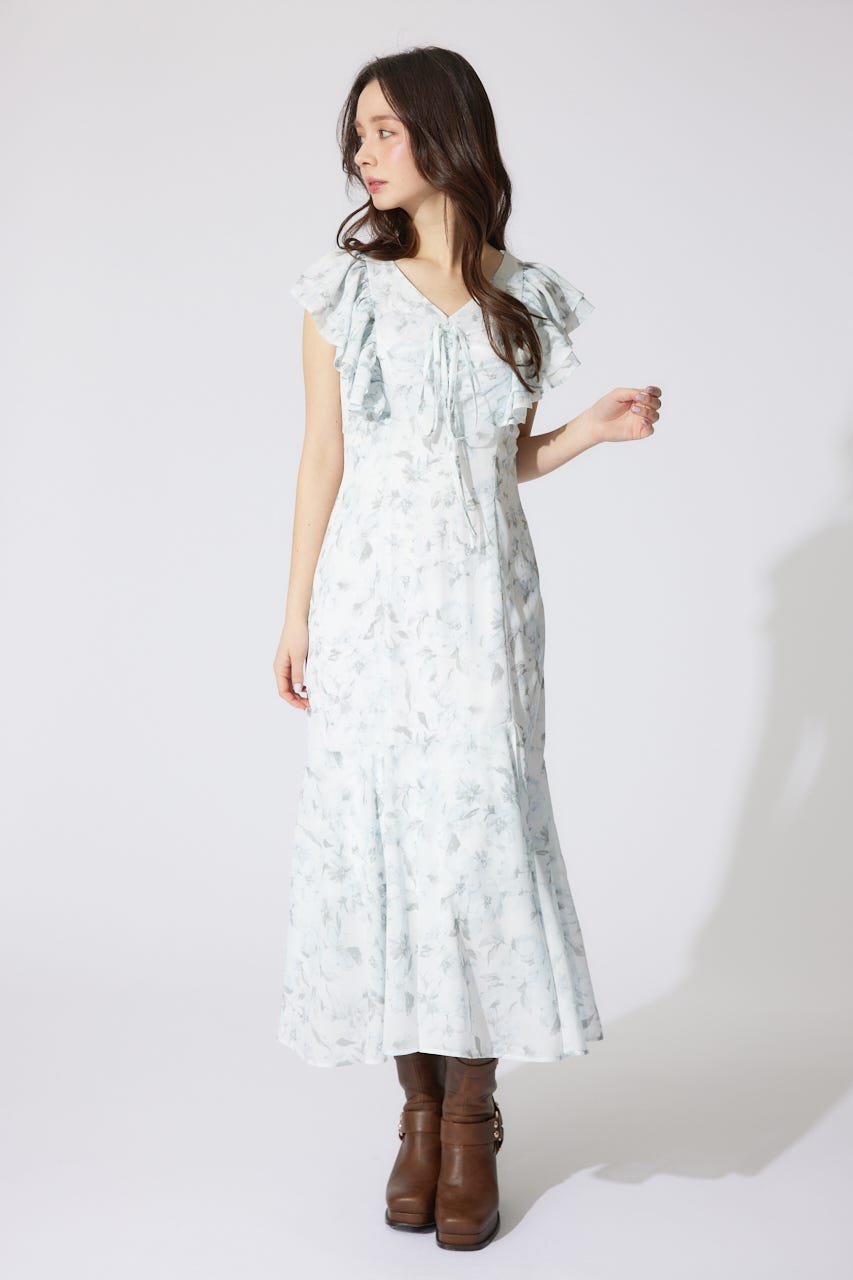 フリルフラワーロングワンピース WHT M