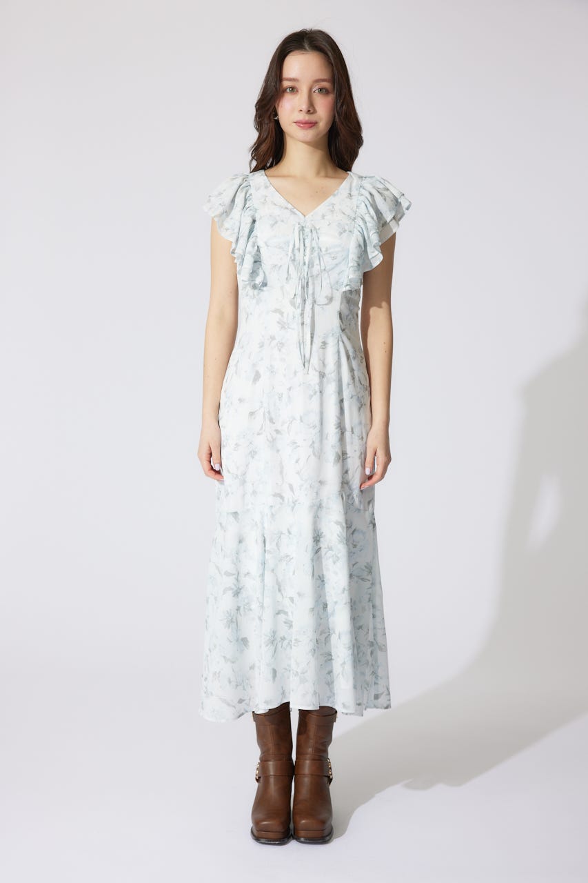 フリルフラワーロングワンピース WHT M