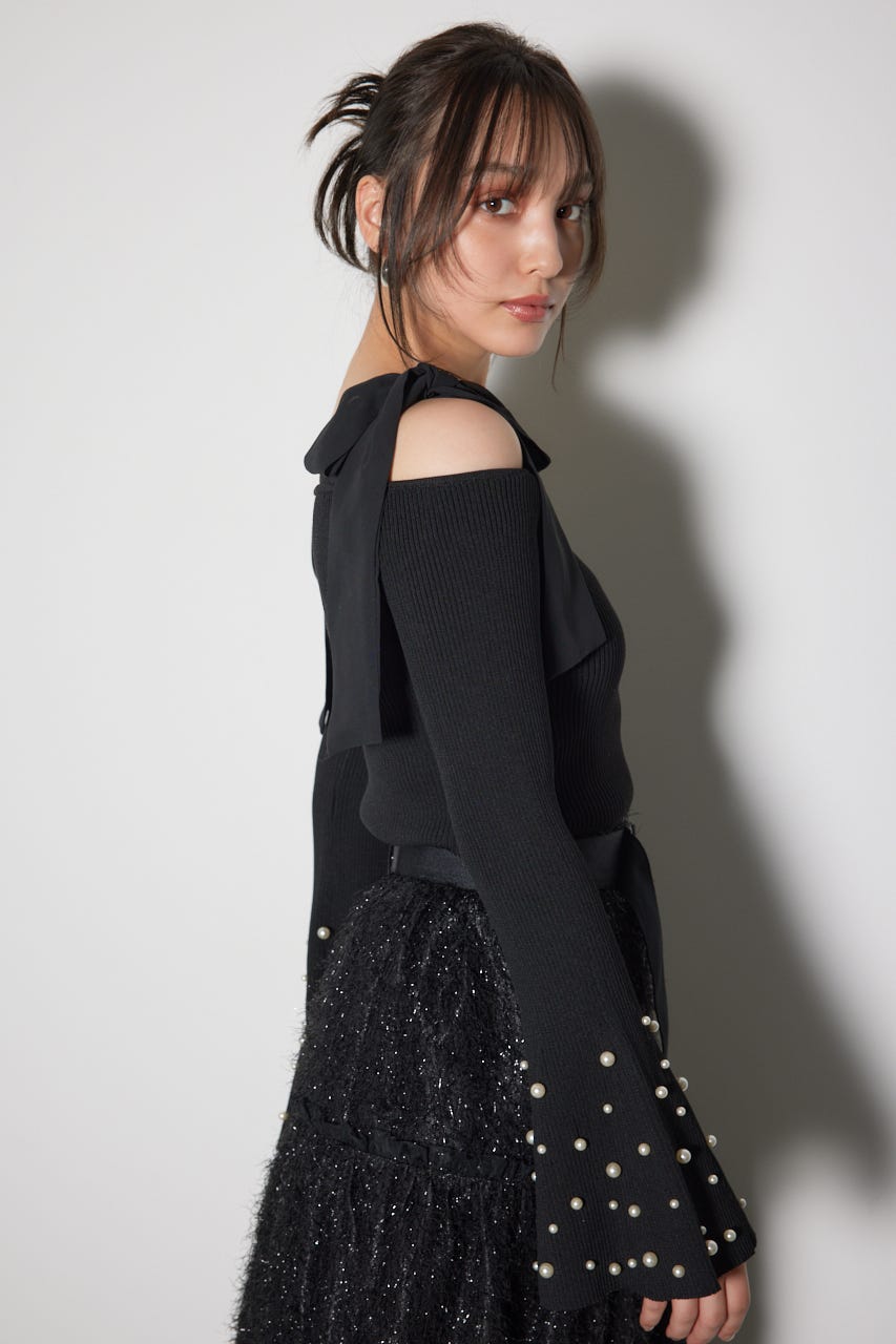 リボンオフショルダーニットトップス BLK FREE