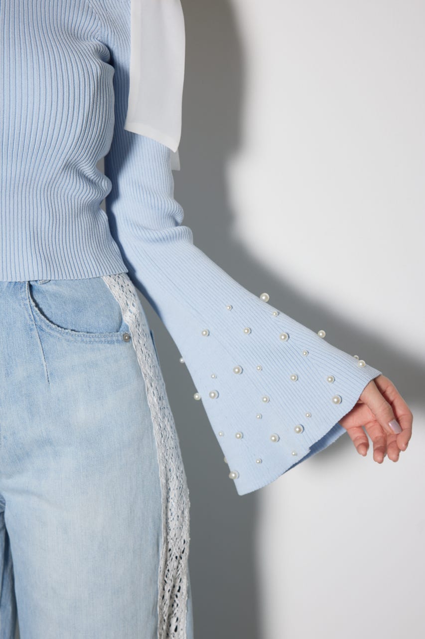 リボンオフショルダーニットトップス L/BLU FREE