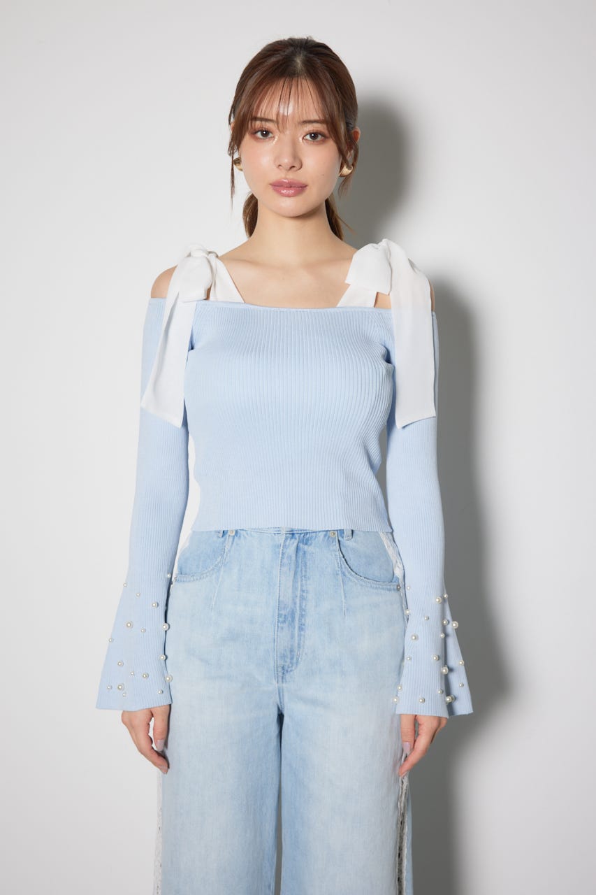 リボンオフショルダーニットトップス L/BLU FREE