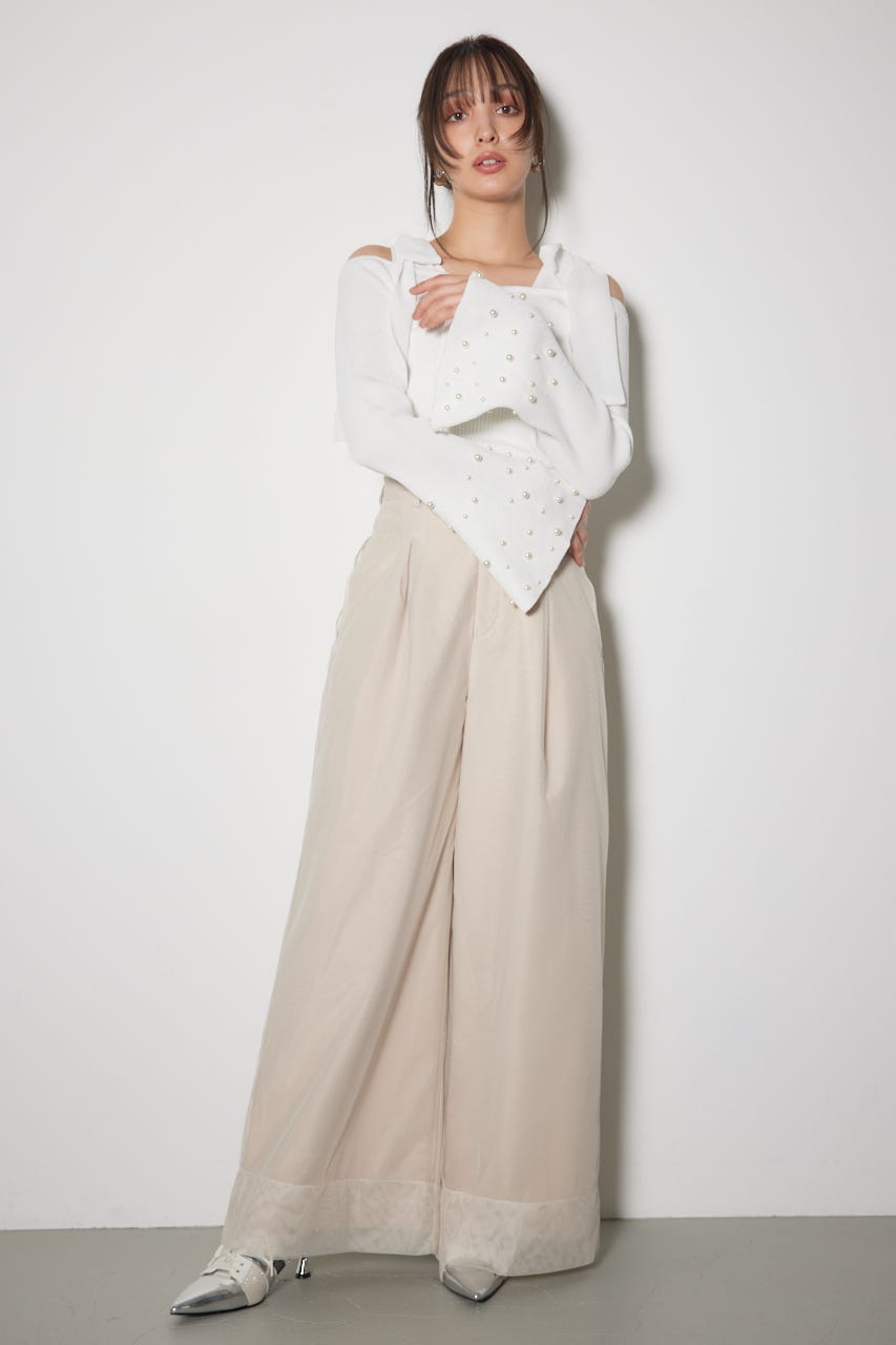 リボンオフショルダーニットトップス WHT FREE