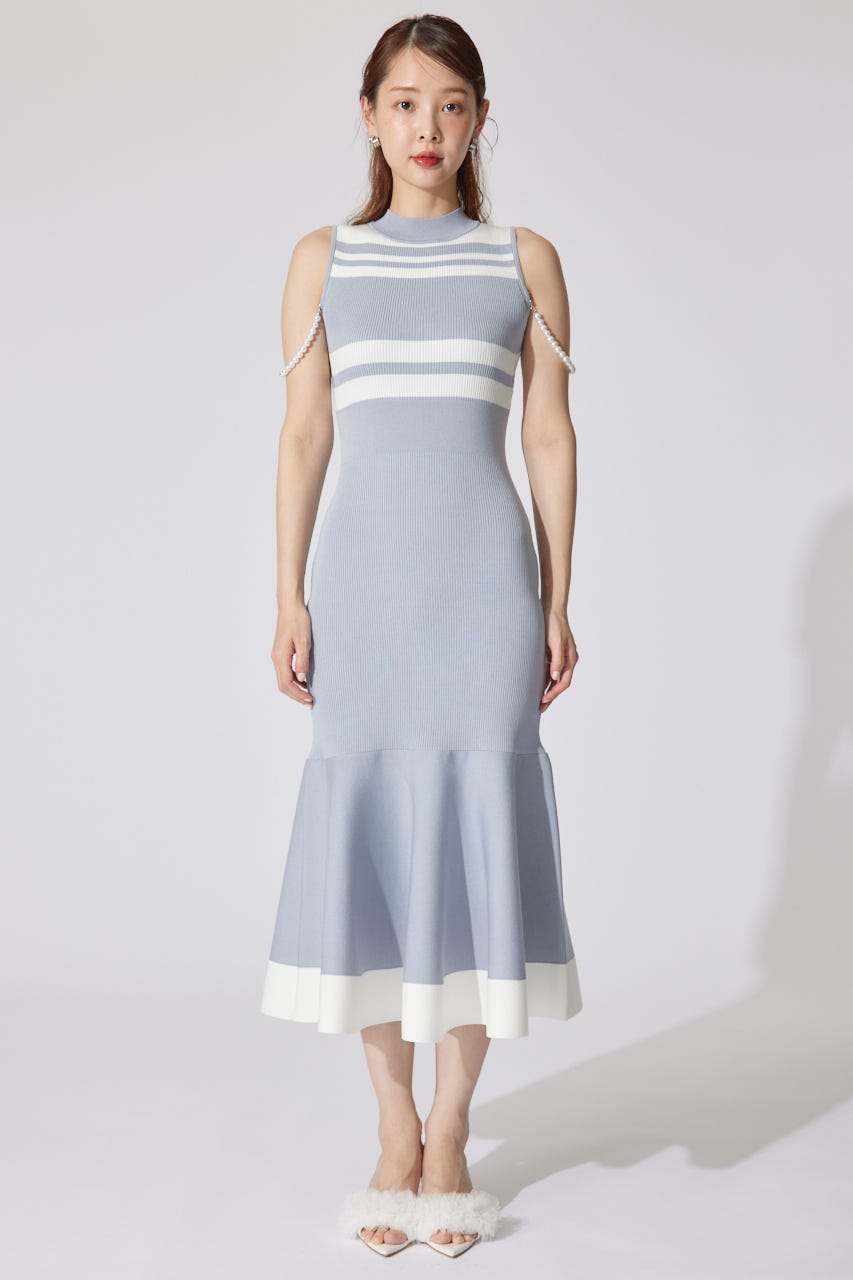 【一部店舗・WEB限定】フェイクパールショルダージャガードニットワンピース BLU FREE