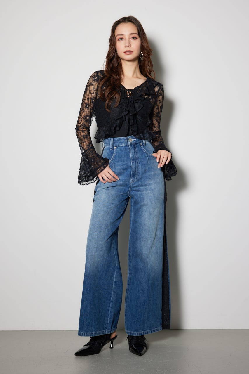 サイドレースジャストウエストデニムワイドパンツ BLU S