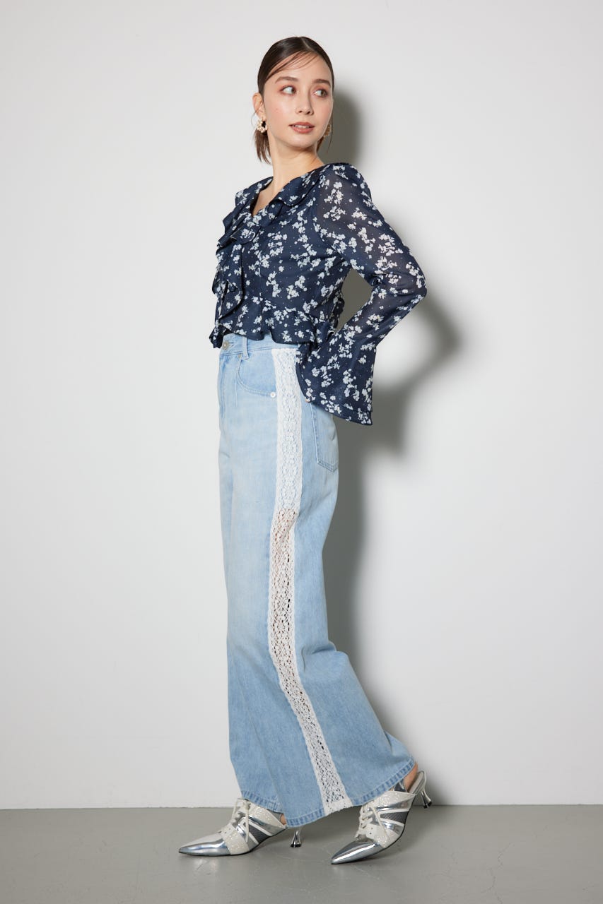 サイドレースジャストウエストデニムワイドパンツ L/BLU XS