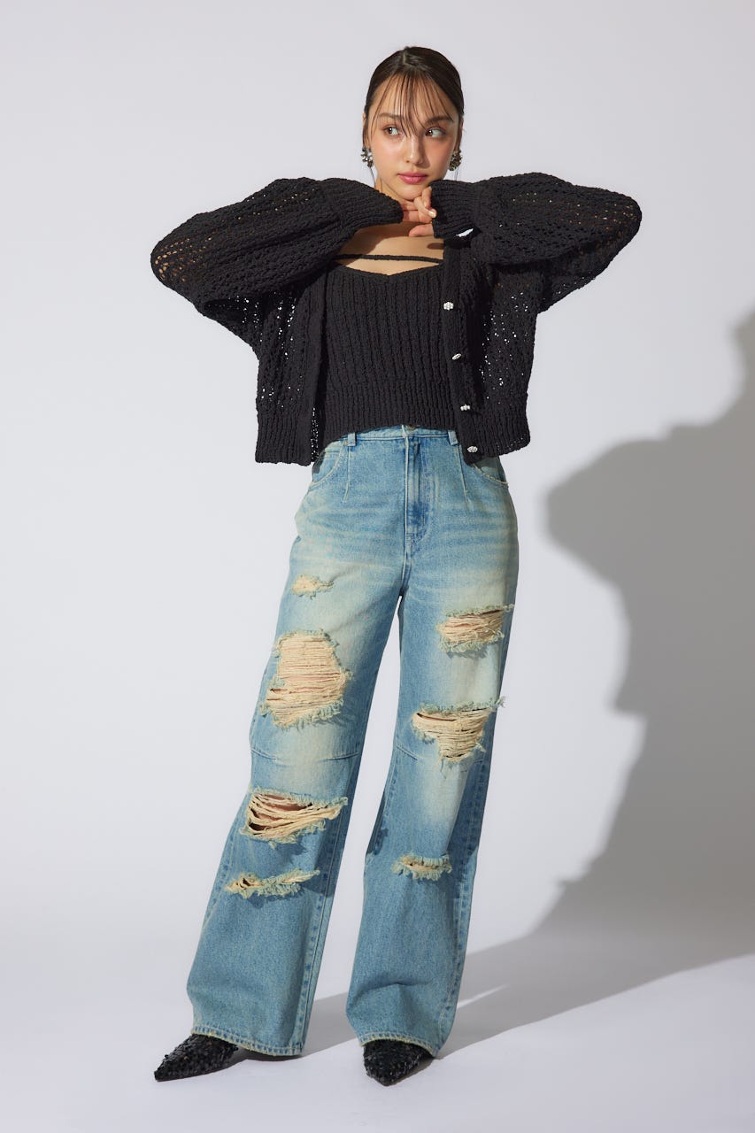 【岡崎紗絵さん着用アイテム】クラッシュワイドジャストウエストデニムパンツ BLU XS