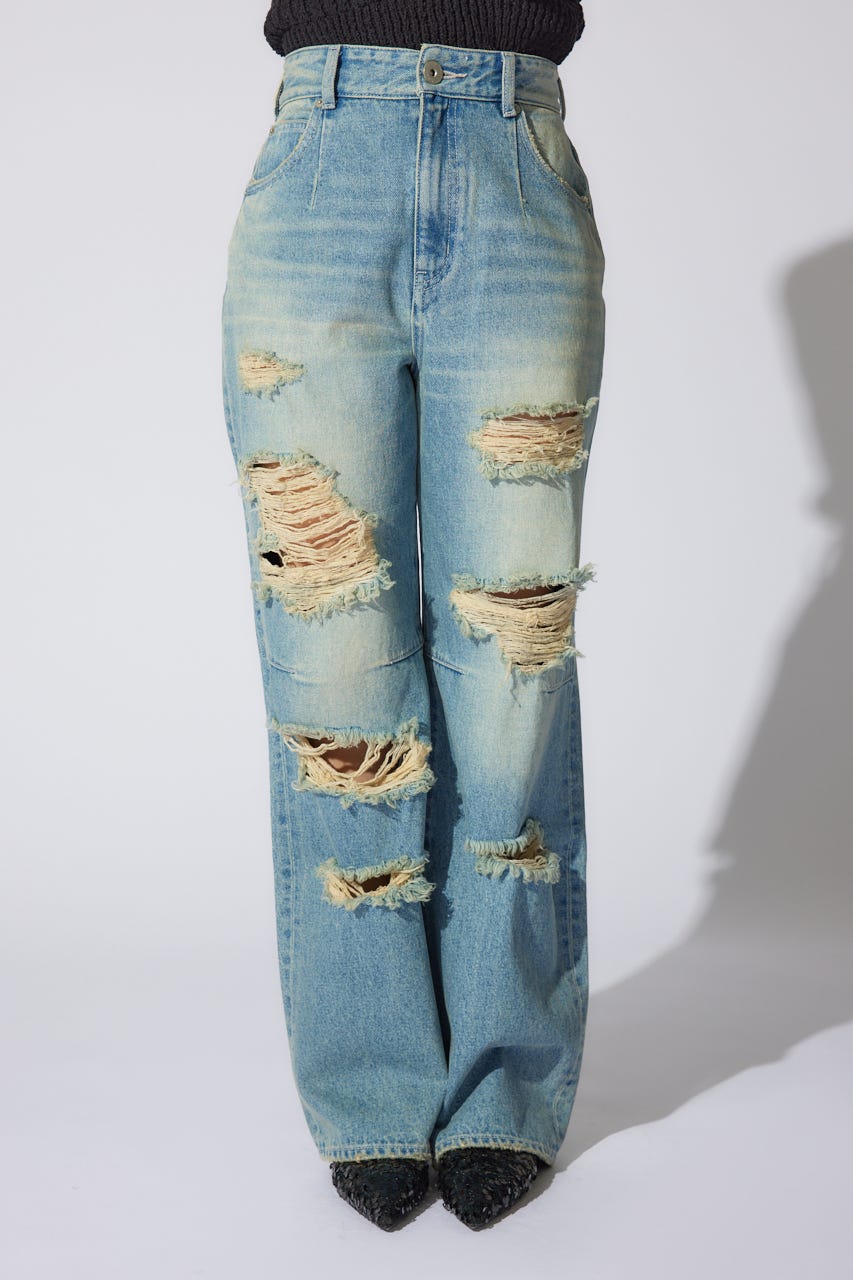 【岡崎紗絵さん着用アイテム】クラッシュワイドジャストウエストデニムパンツ BLU XS