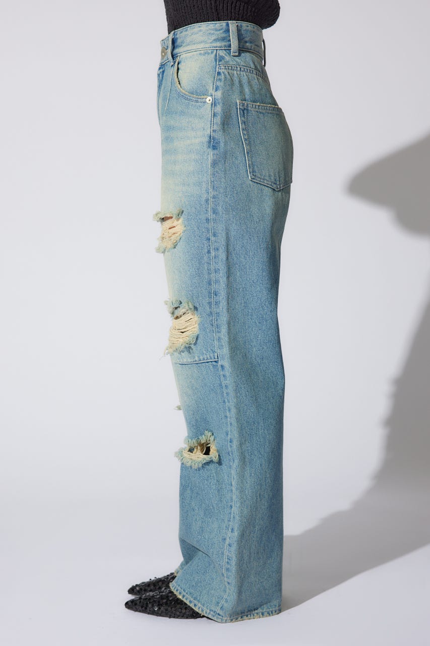 【岡崎紗絵さん着用アイテム】クラッシュワイドジャストウエストデニムパンツ BLU XS