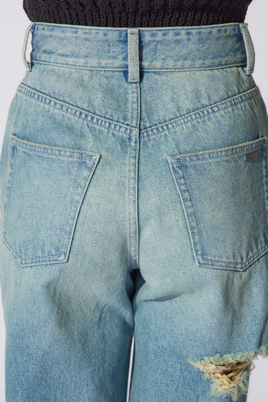 【岡崎紗絵さん着用アイテム】クラッシュワイドジャストウエストデニムパンツ BLU XS