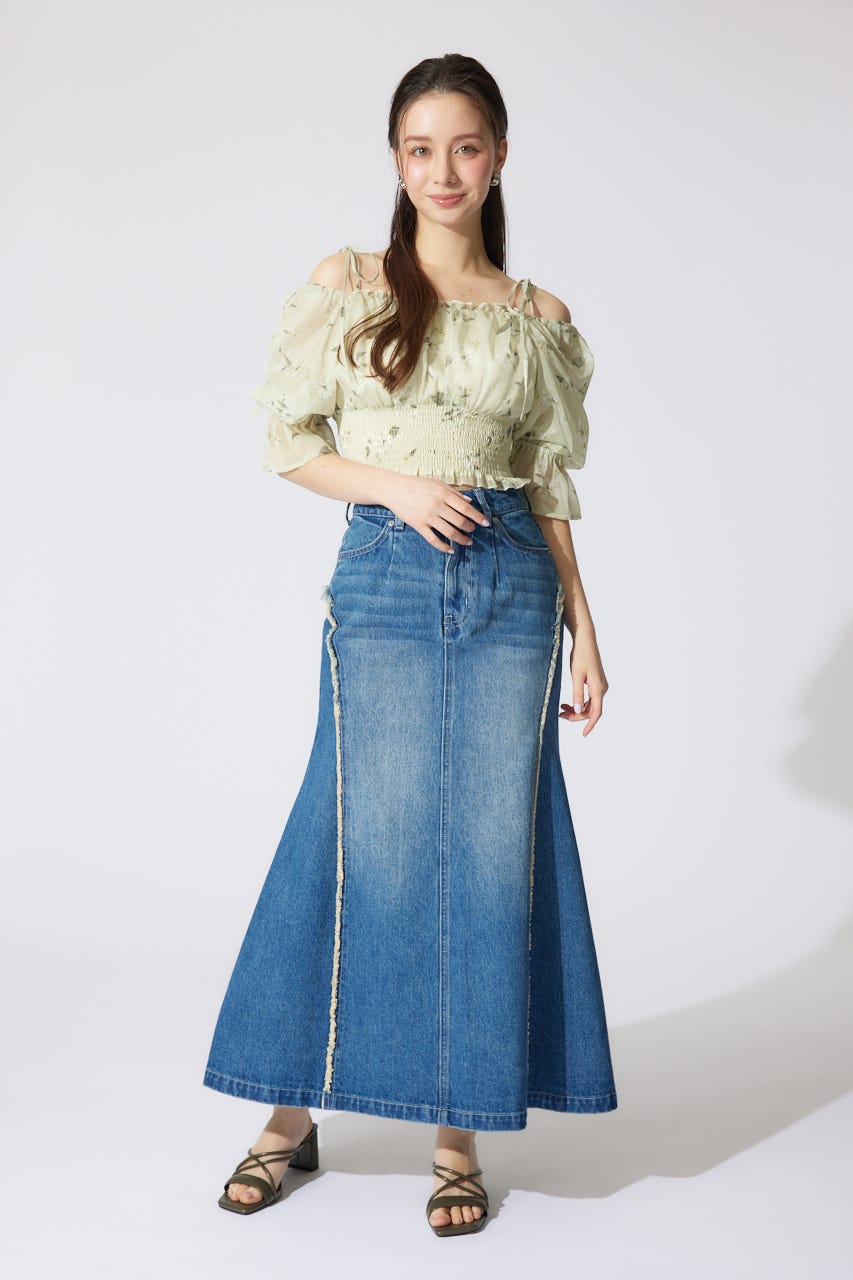 フリンジマーメイドデニムジャストウエストスカート BLU S