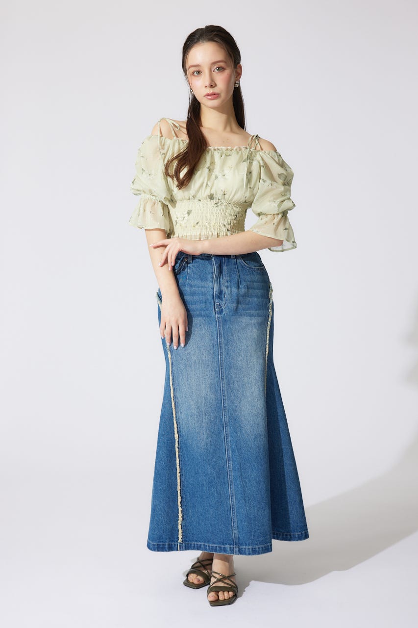 フリンジマーメイドデニムジャストウエストスカート BLU S