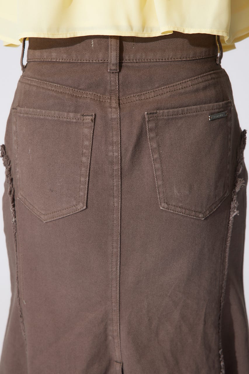 フリンジマーメイドデニムジャストウエストスカート BRN S