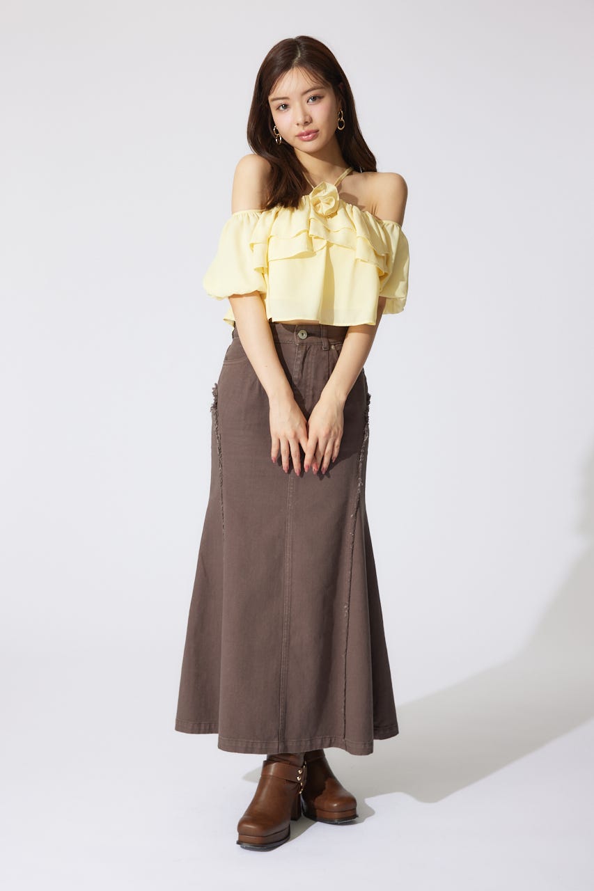 フリンジマーメイドデニムジャストウエストスカート BRN S