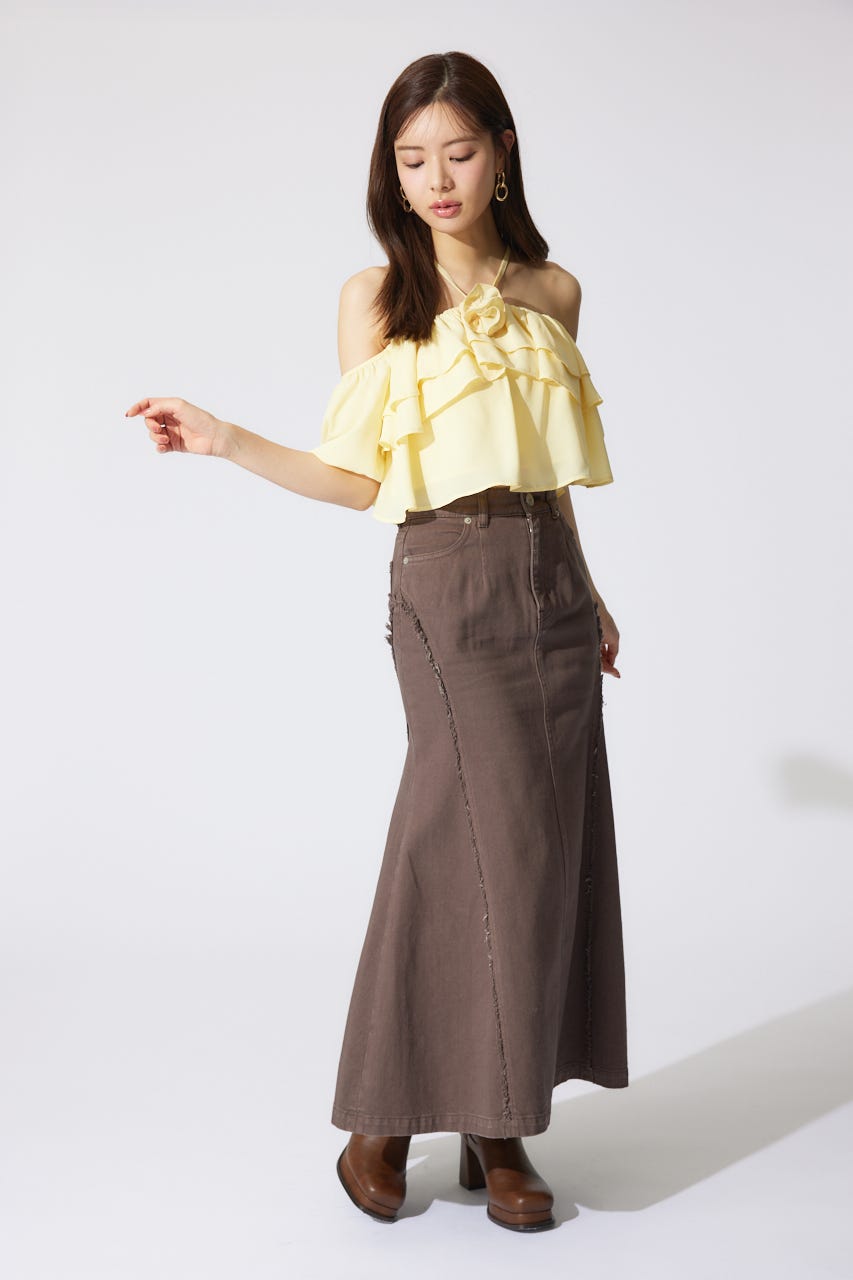 フリンジマーメイドデニムジャストウエストスカート BRN S