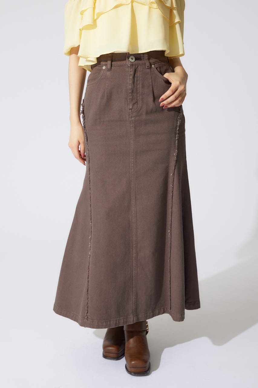 フリンジマーメイドデニムジャストウエストスカート BRN S