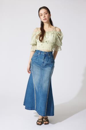 フリンジマーメイドデニムジャストウエストスカート