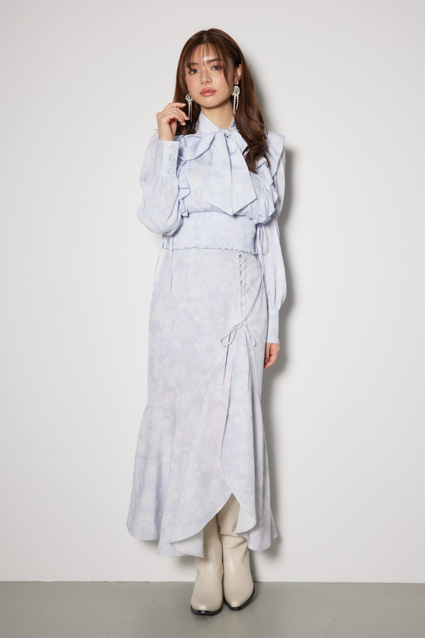 2WAYボウタイクロップドブラウス 柄BLU FREE