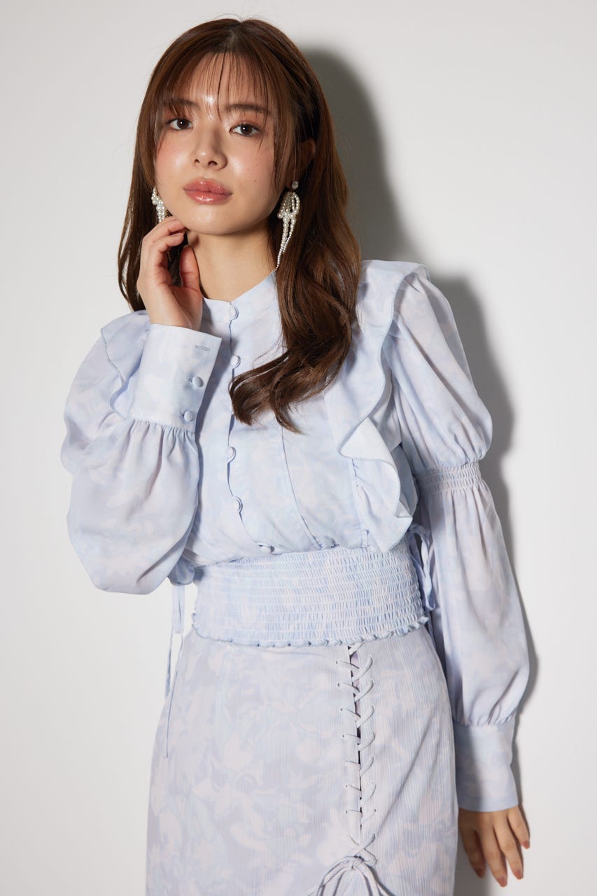 2WAYボウタイクロップドブラウス 柄BLU FREE