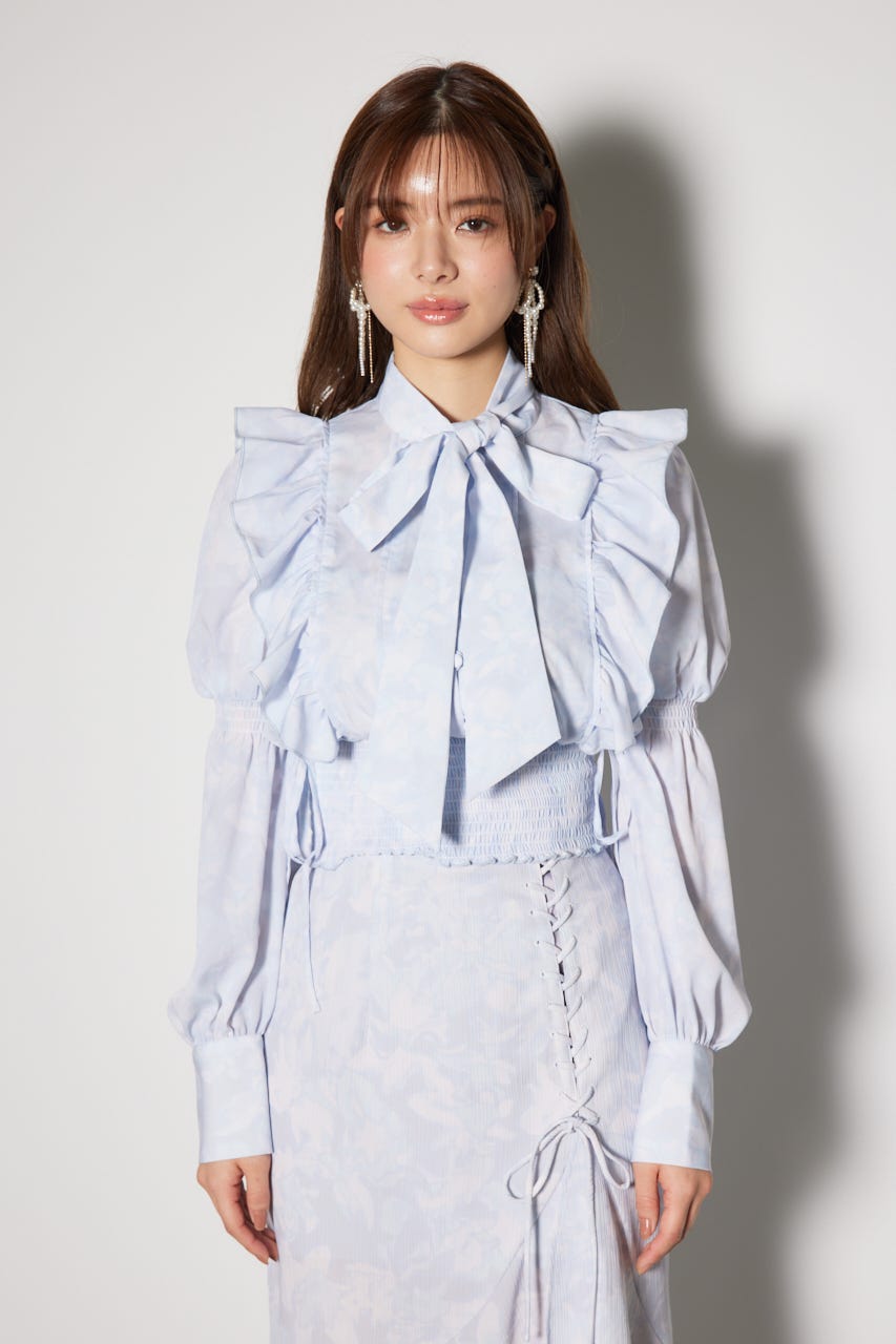 2WAYボウタイクロップドブラウス 柄BLU FREE